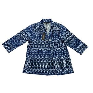 Ellen Weaver Blouse Womens Large L Blue White Geometric 3/4 Sleeve V Neck NWT